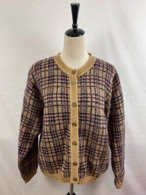 Edinburgh Heritage Full Button Cardigan L Beige Dark Blue Wine Plaid Long Sleeve